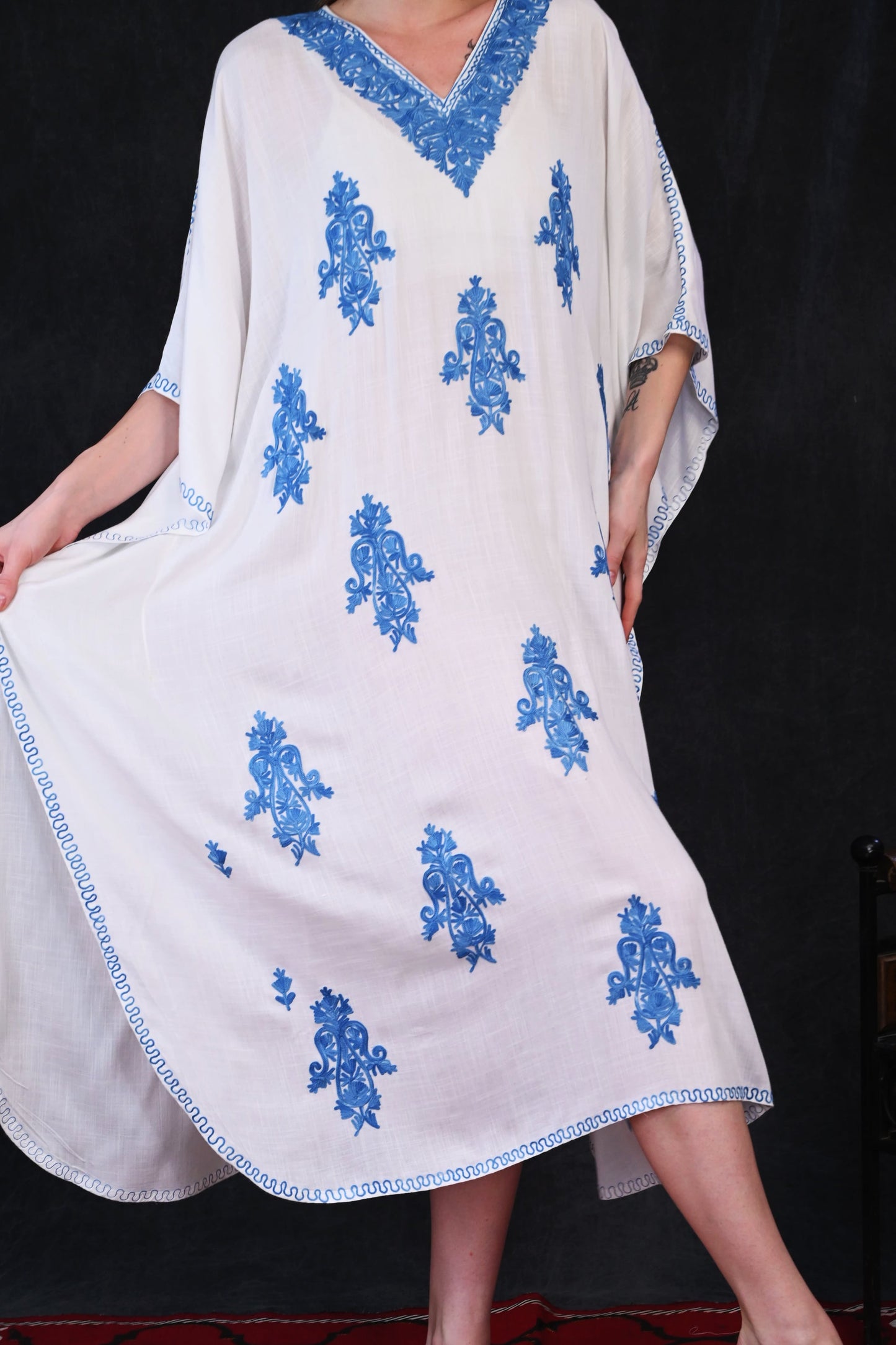 Ivory Kashmiri Rayon Kaftan with Blue All-Over Floral Motifs