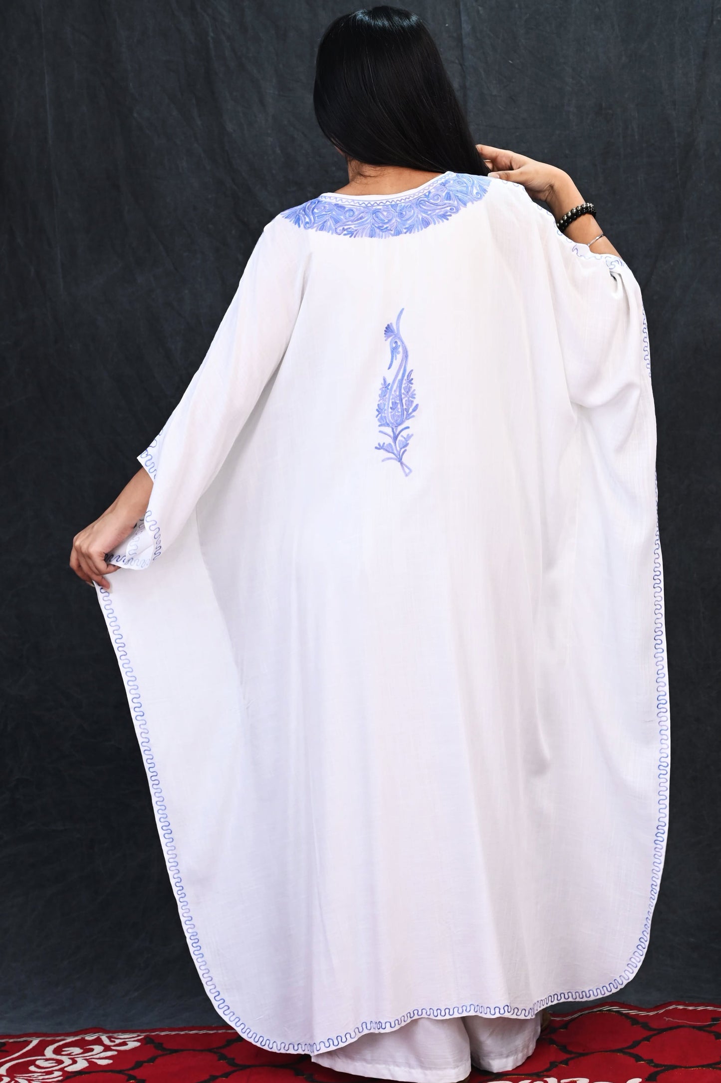 White Kashmiri Rayon Kaftan with Lilac Paisley Motifs