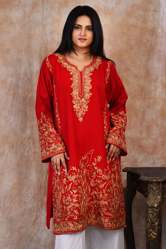 Kashmiri Woolen Phiran – Crimson Red with Golden Mustard Embroidery