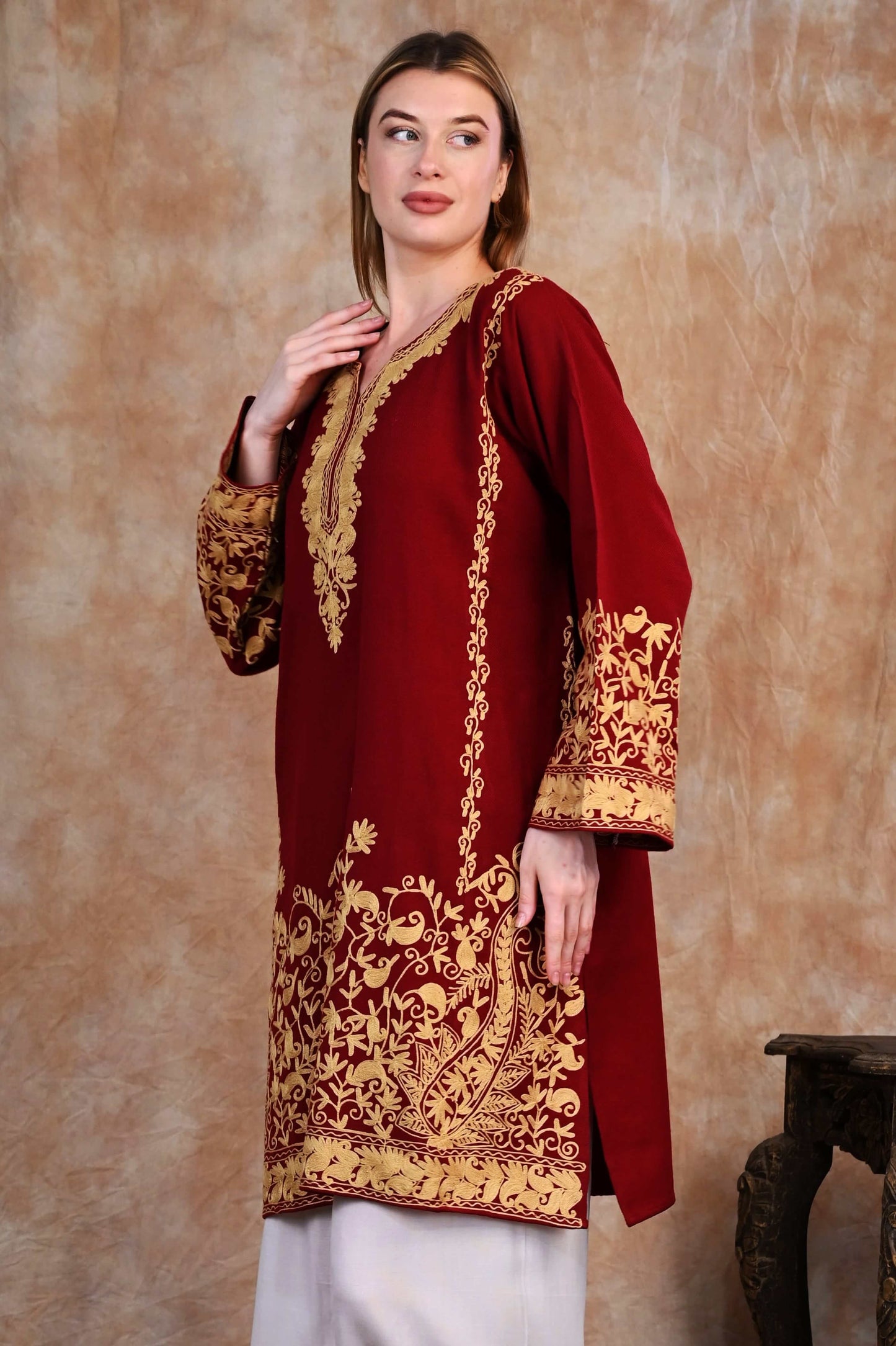Kashmiri Woolen Phiran – Royal Maroon with Mustard Tilla Embroidery