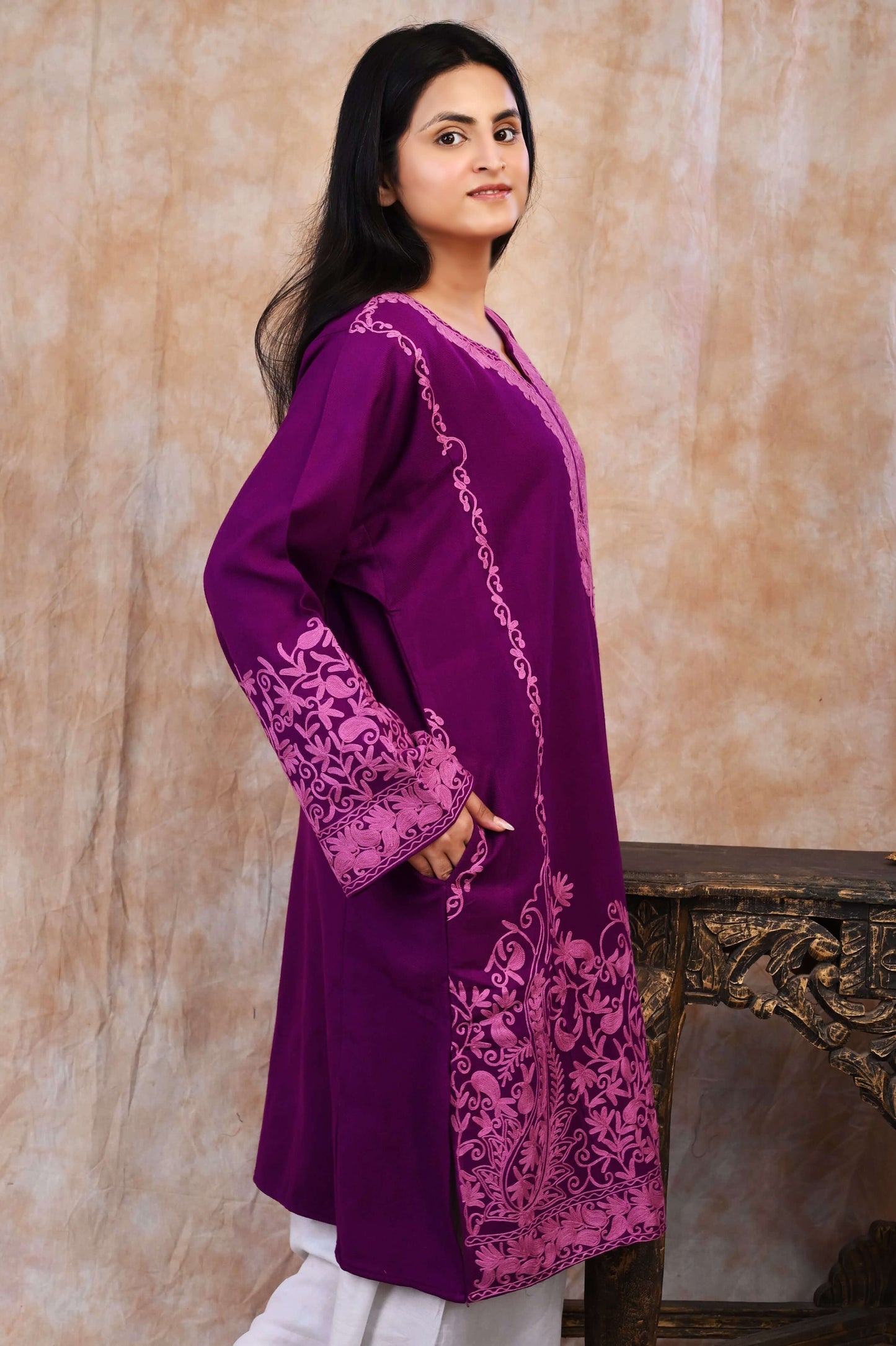 Kashmiri Woolen Phiran – Royal Purple with Rose Pink Embroidery