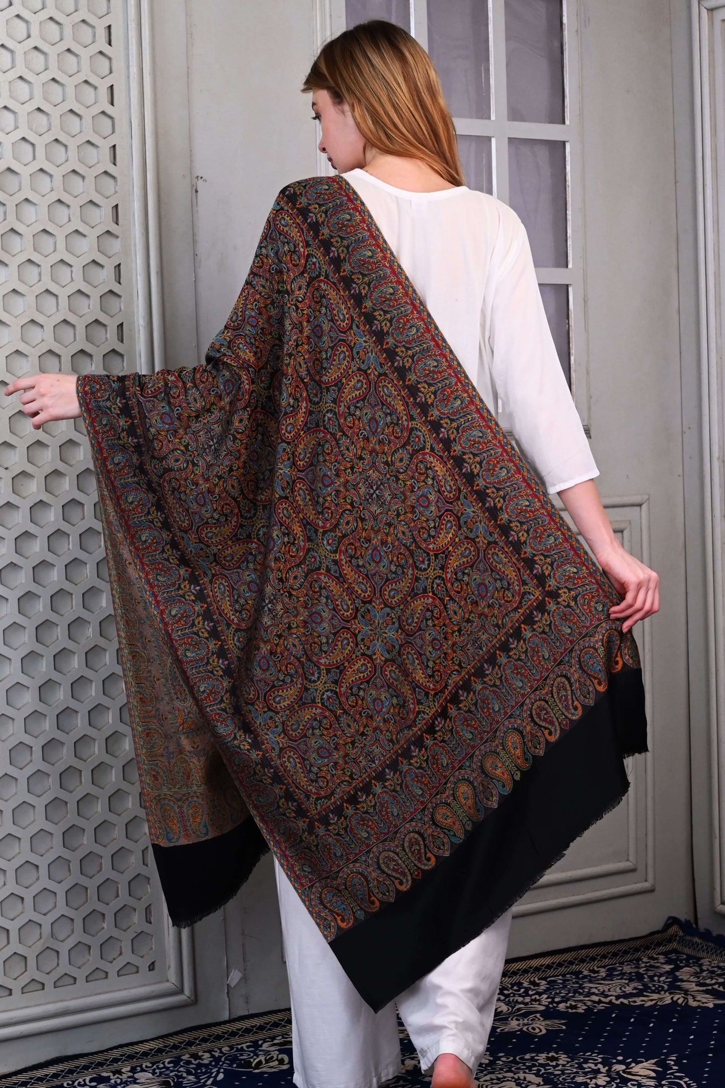 Elegant Modal Jamawar Stole – Midnight Black with Multicolor Paisley Weave