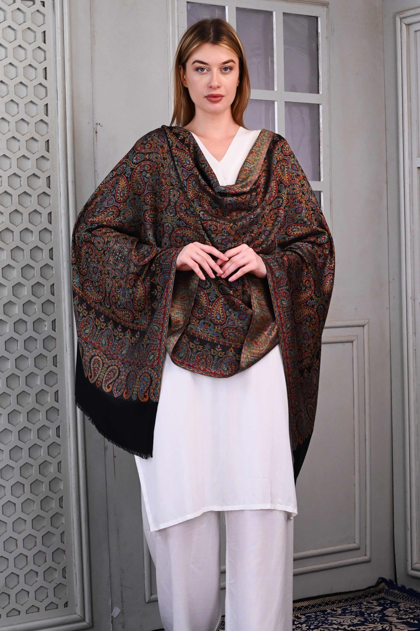 Elegant Modal Jamawar Stole – Midnight Black with Multicolor Paisley Weave