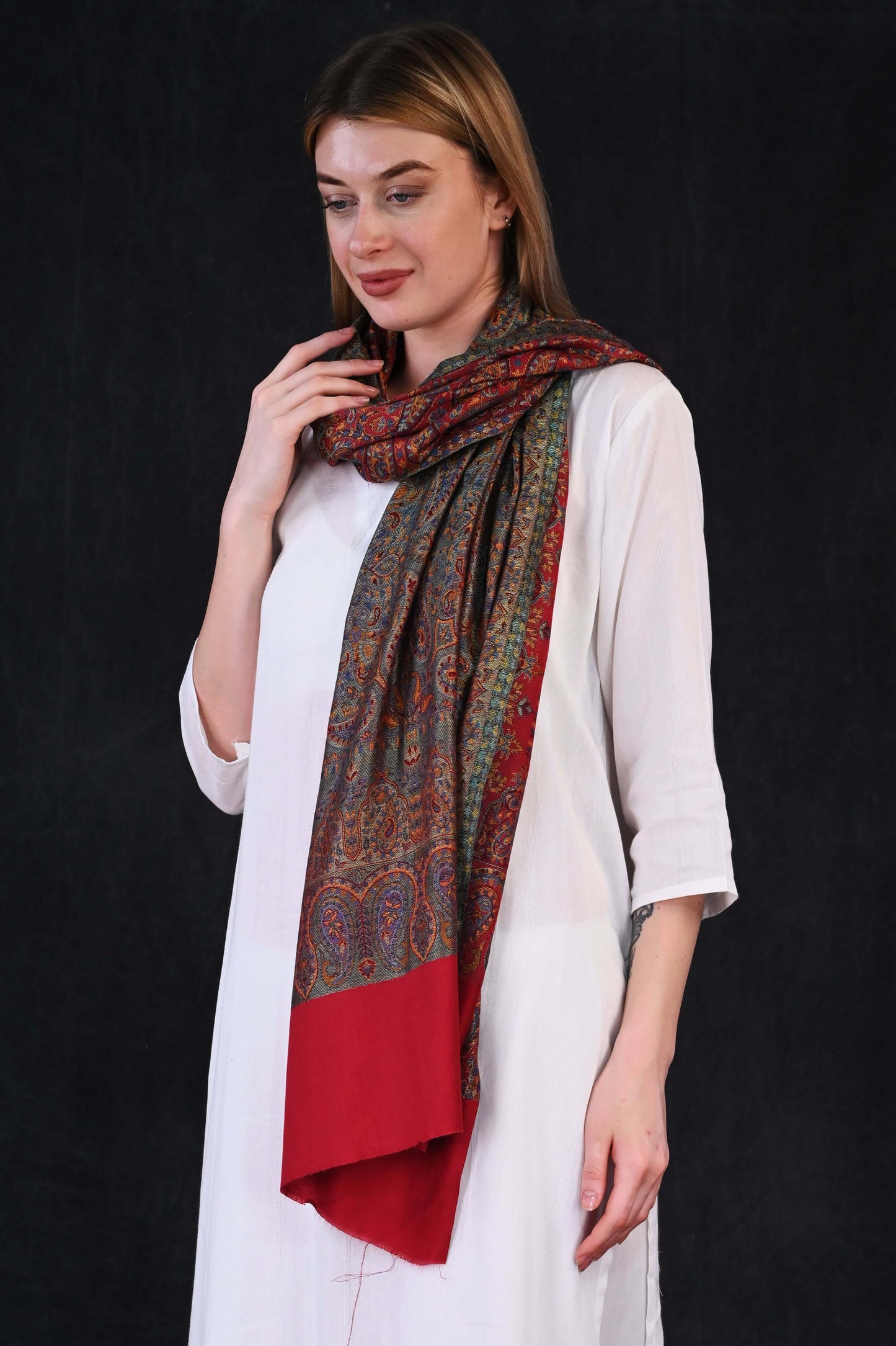 Royal Maroon – Modal Jamawar Stole with Ornate Paisley Borders