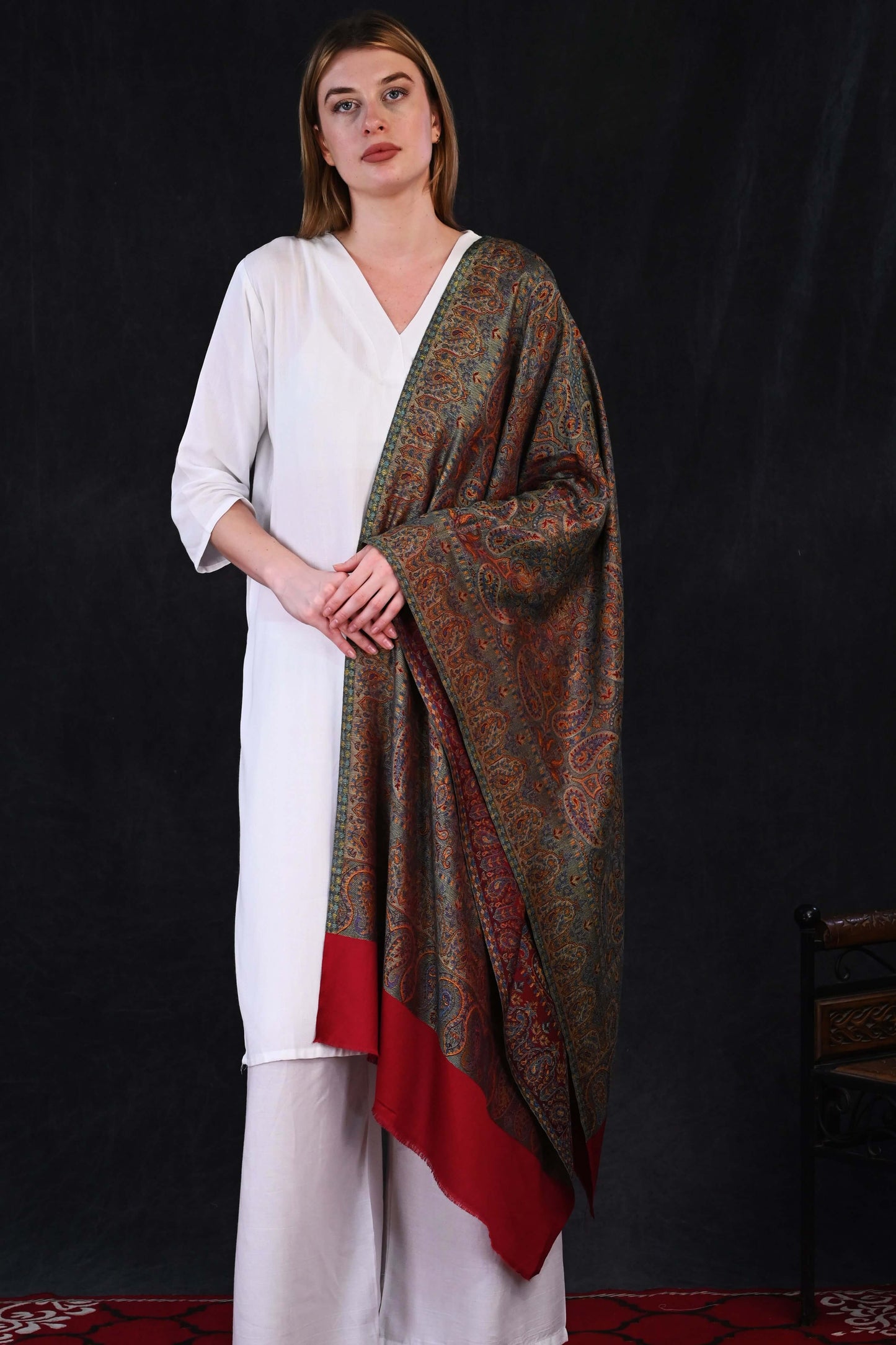 Royal Maroon – Modal Jamawar Stole with Ornate Paisley Borders