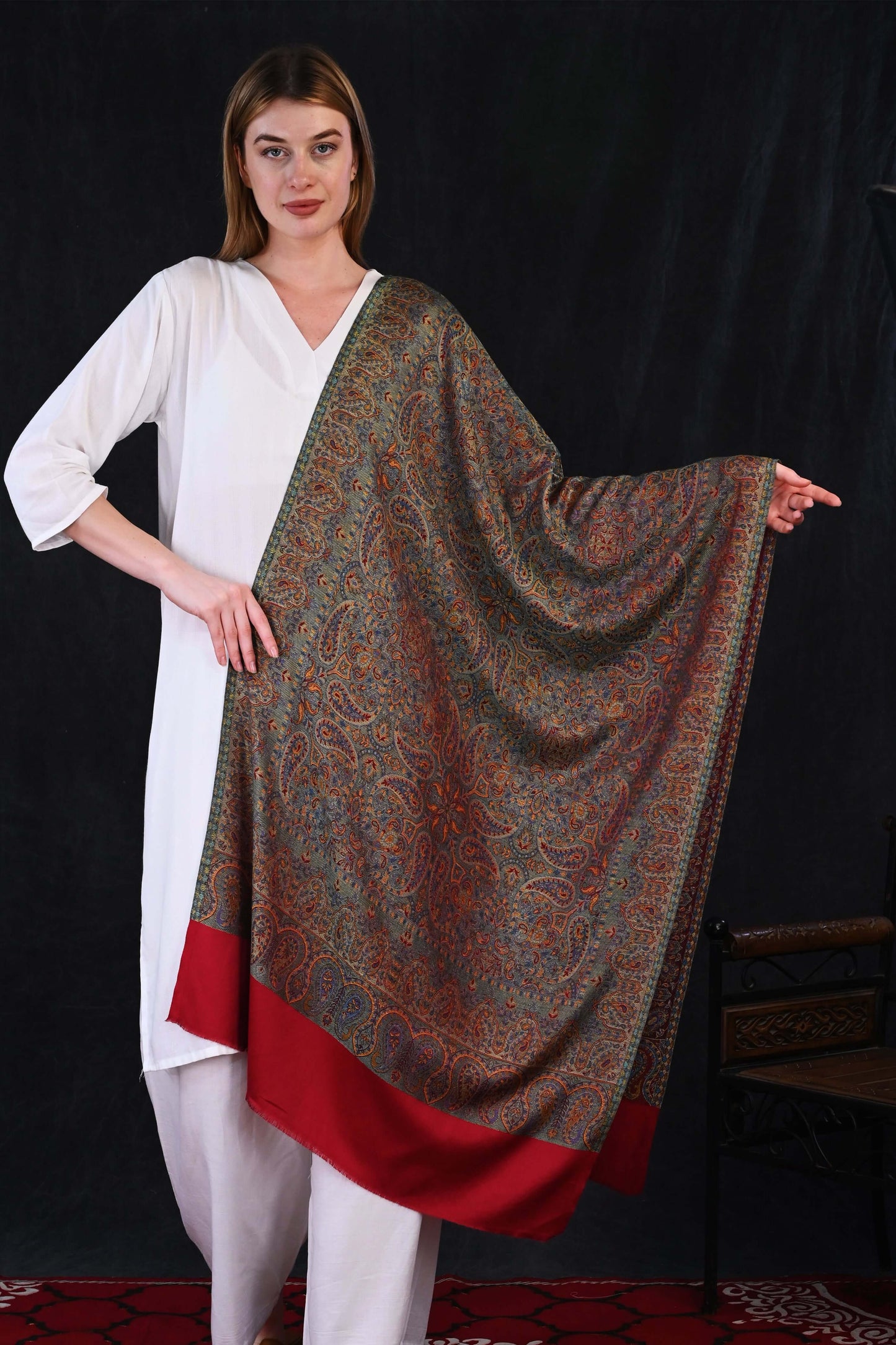 Royal Maroon – Modal Jamawar Stole with Ornate Paisley Borders