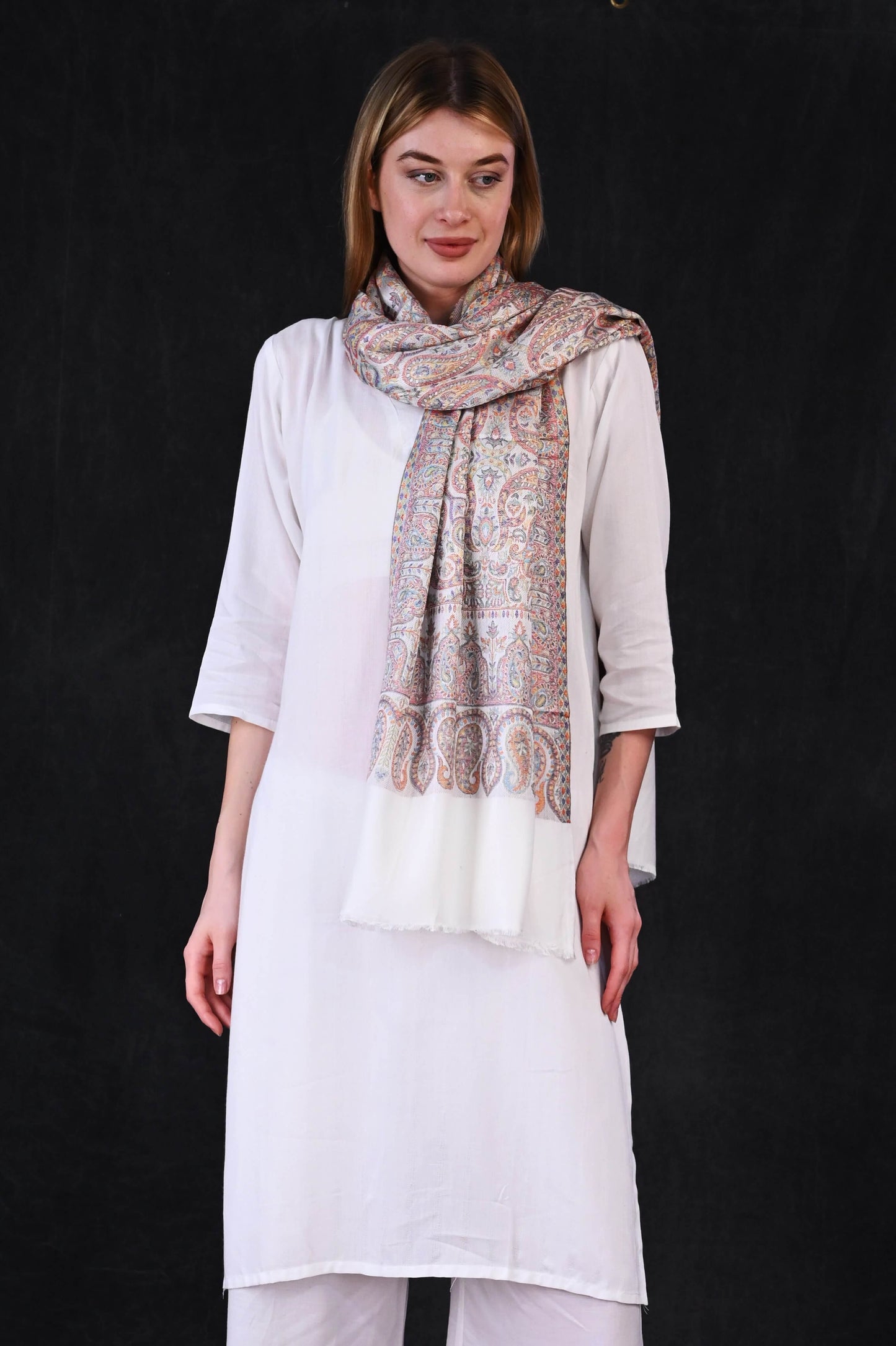 Ivory Grace – Modal Jamawar Stole with Pastel Paisley Borders
