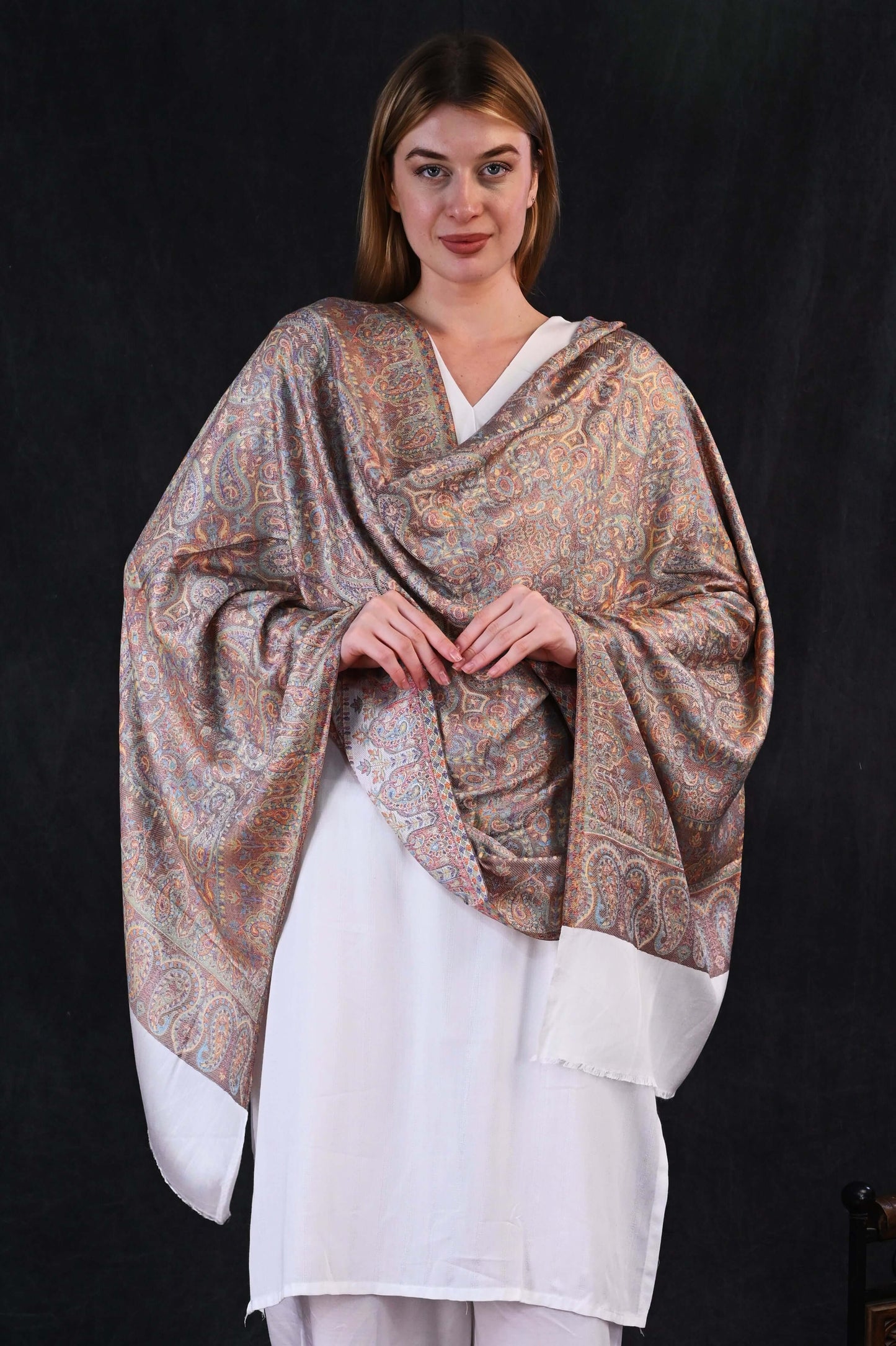 Ivory Grace – Modal Jamawar Stole with Pastel Paisley Borders
