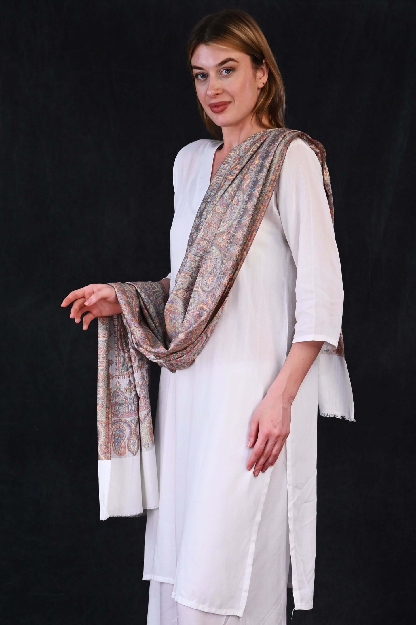 Ivory Grace – Modal Jamawar Stole with Pastel Paisley Borders