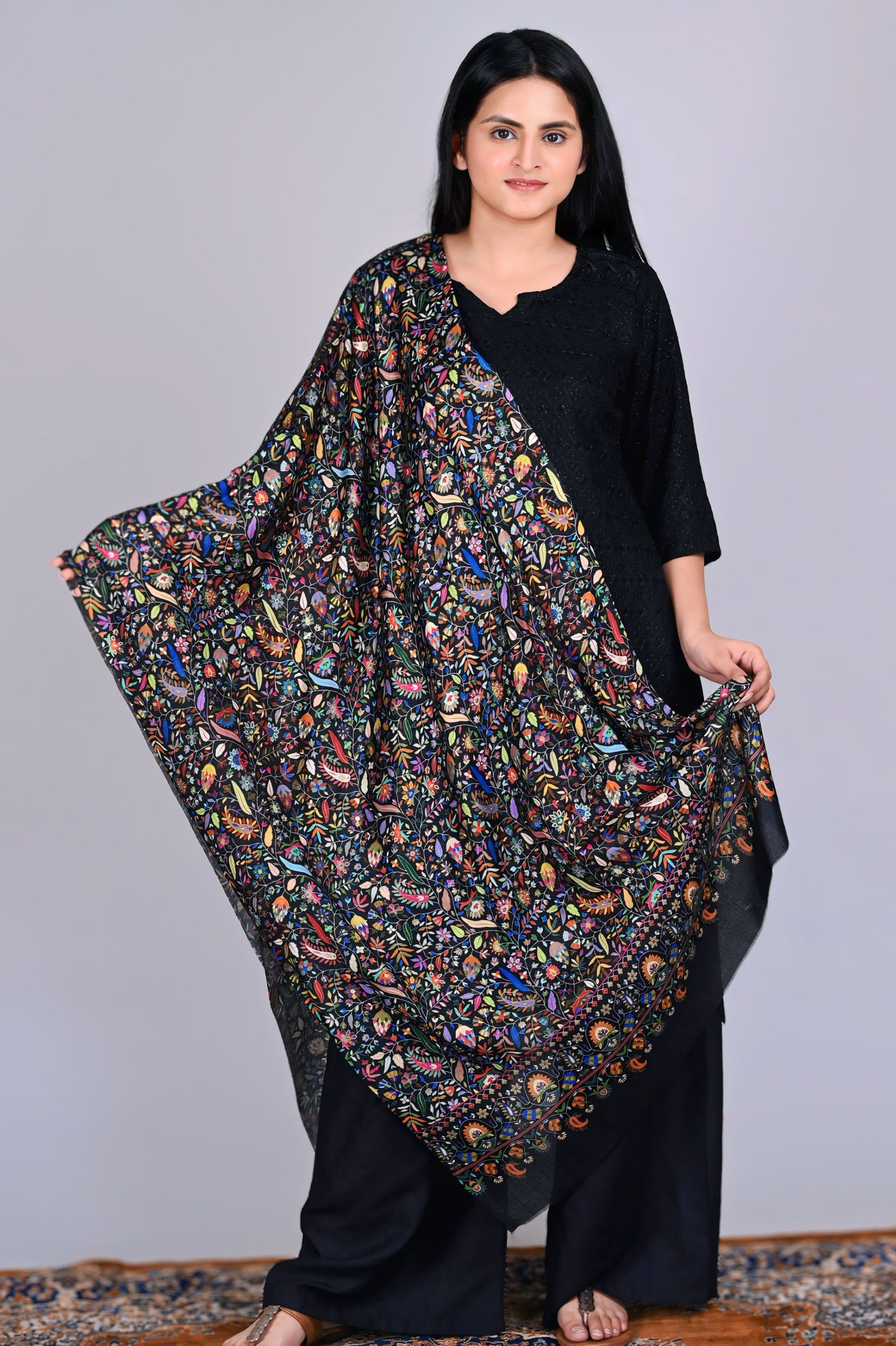 Modal Kalamkari Stole – Black Base with Rich Multicolor Floral Embroidery