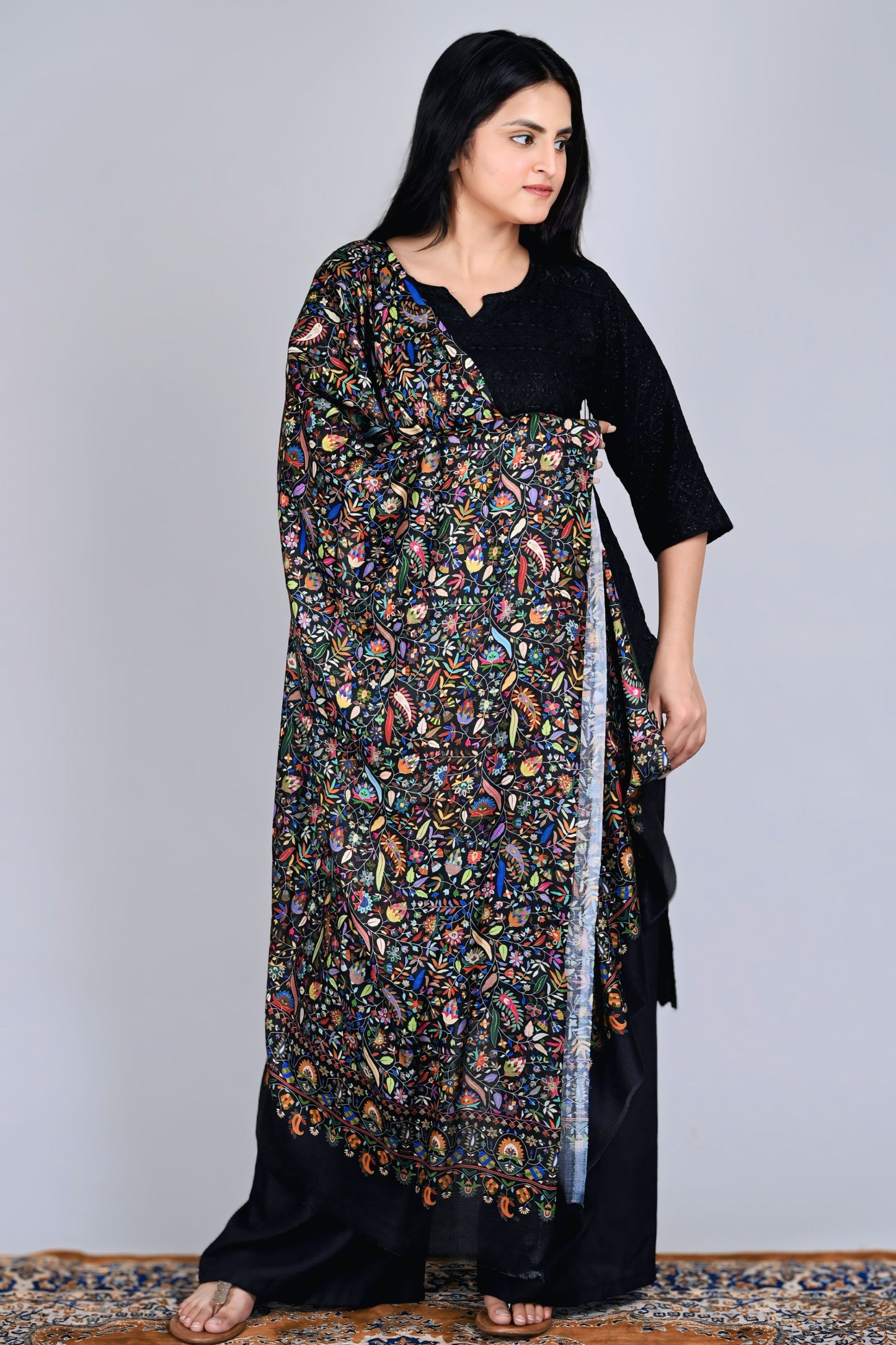 Modal Kalamkari Stole – Black Base with Rich Multicolor Floral Embroidery