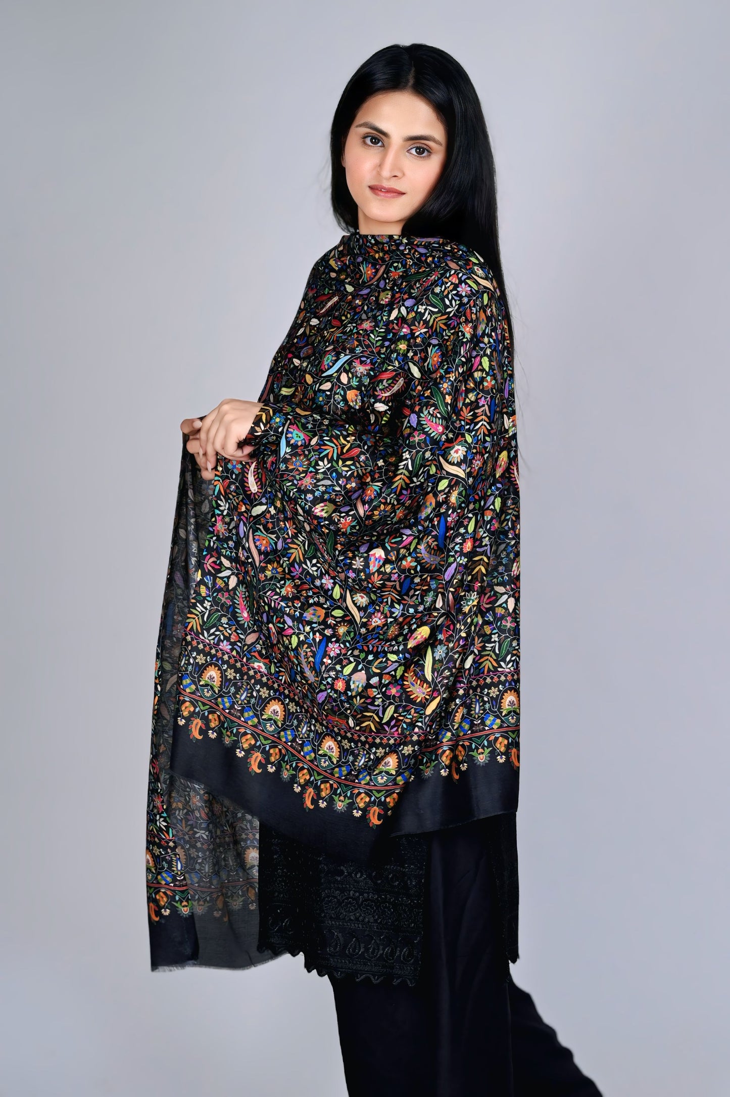 Modal Kalamkari Stole – Black Base with Rich Multicolor Floral Embroidery
