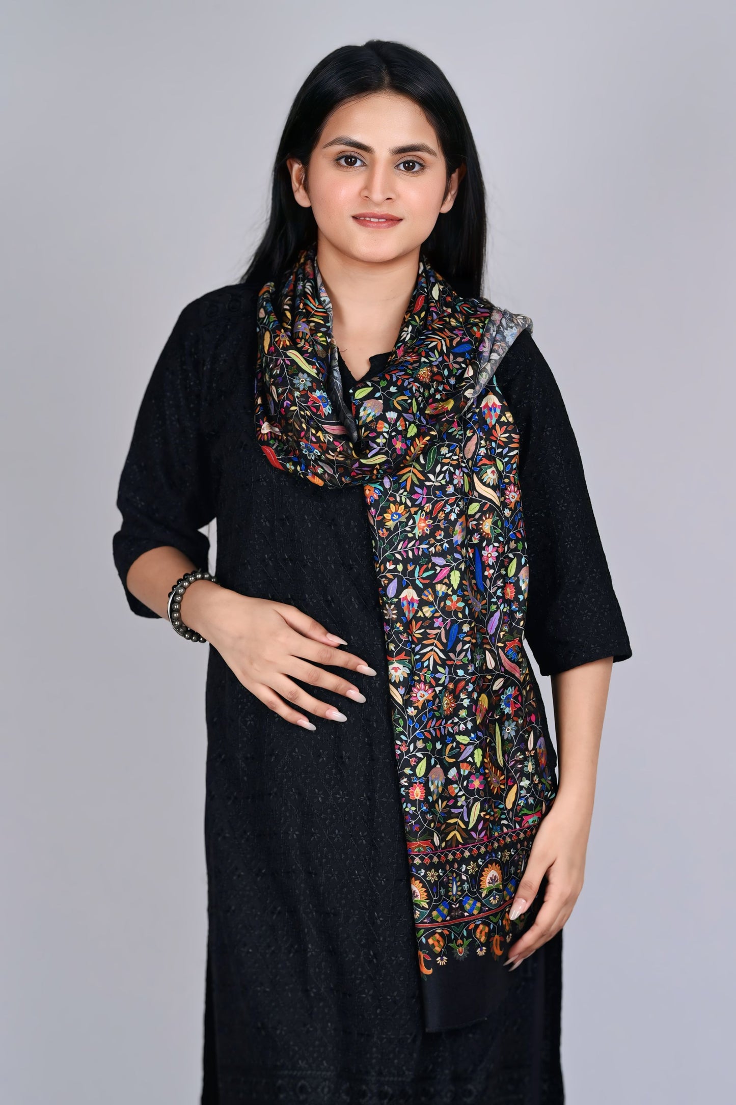 Modal Kalamkari Stole – Black Base with Rich Multicolor Floral Embroidery