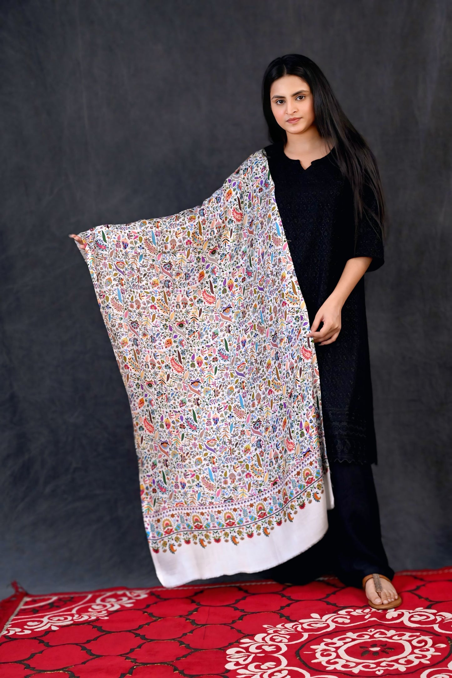 Modal Kalamkari Stole – Cream Base with Multicolor Floral Panel