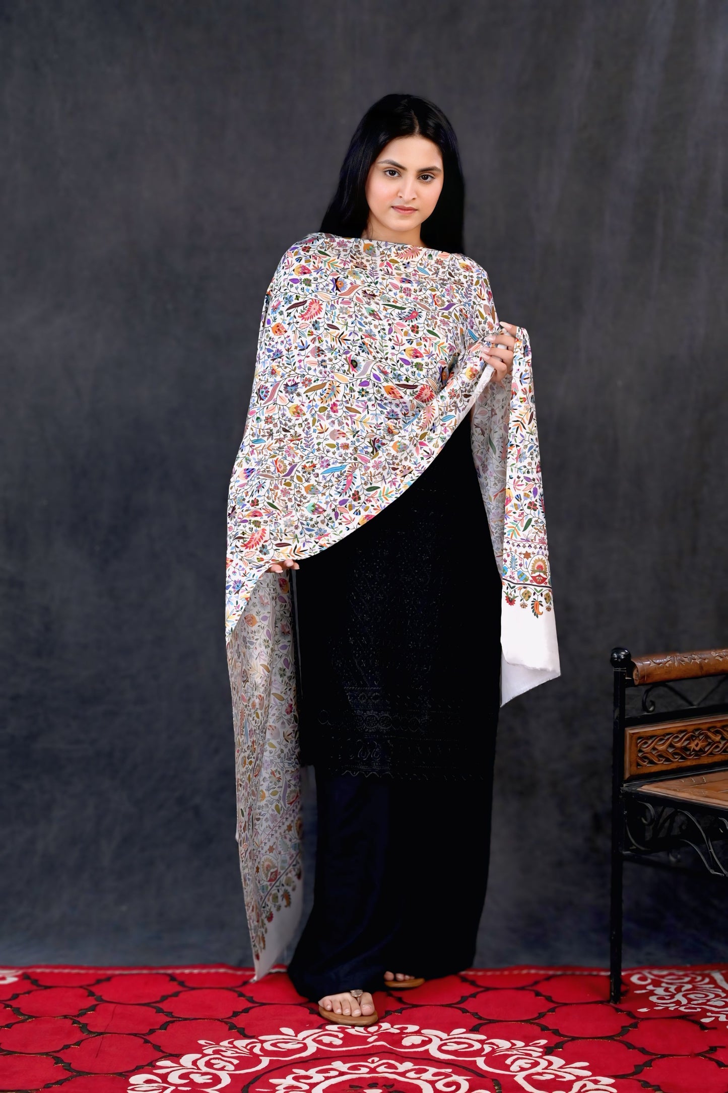 Modal Kalamkari Stole – Cream Base with Multicolor Floral Panel