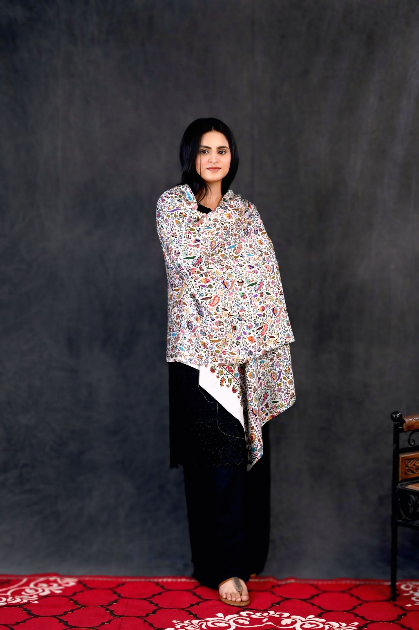 Modal Kalamkari Stole – Cream Base with Multicolor Floral Panel