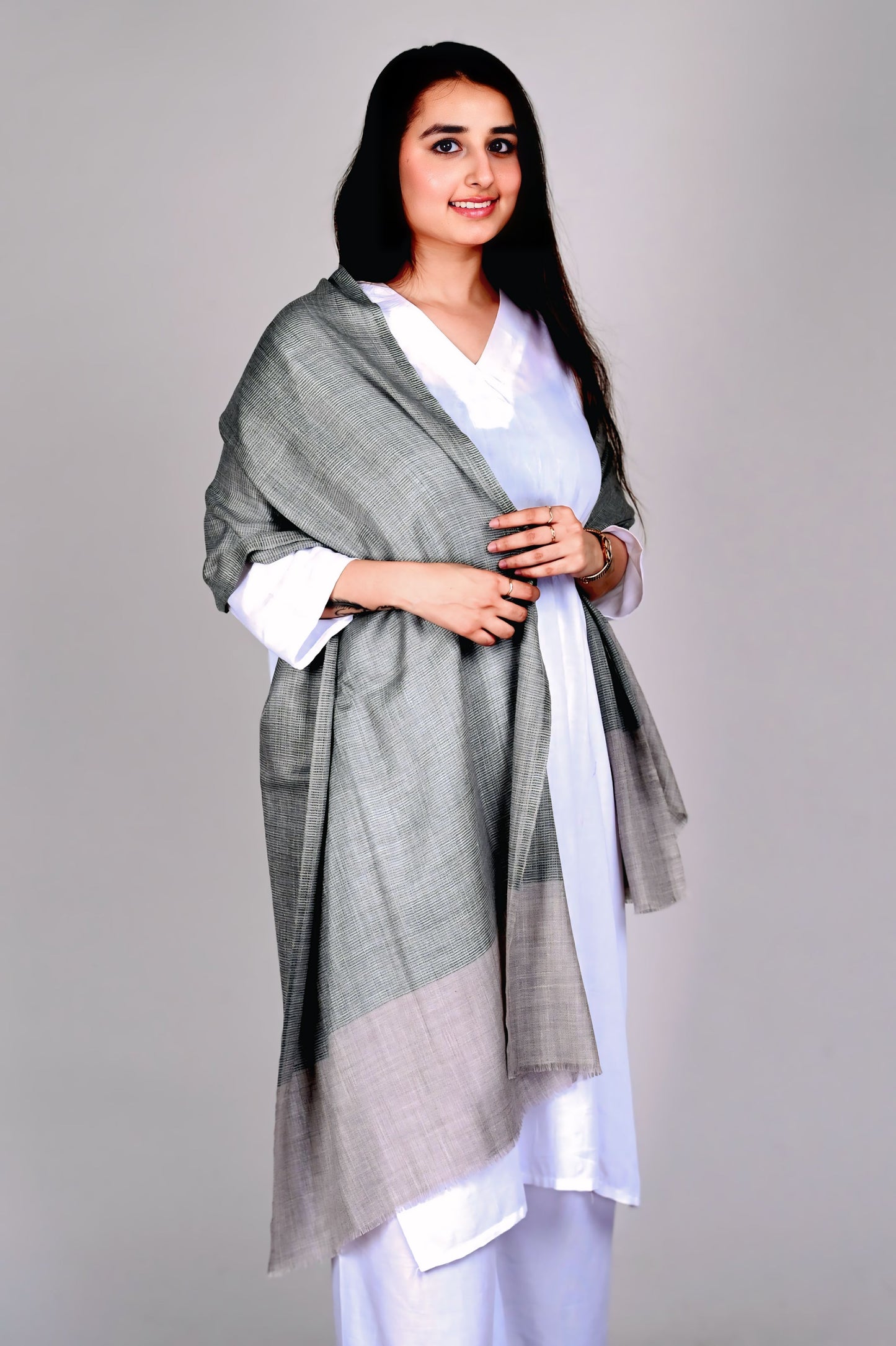 Olive Grey Fine Wool Stole with Natural Border