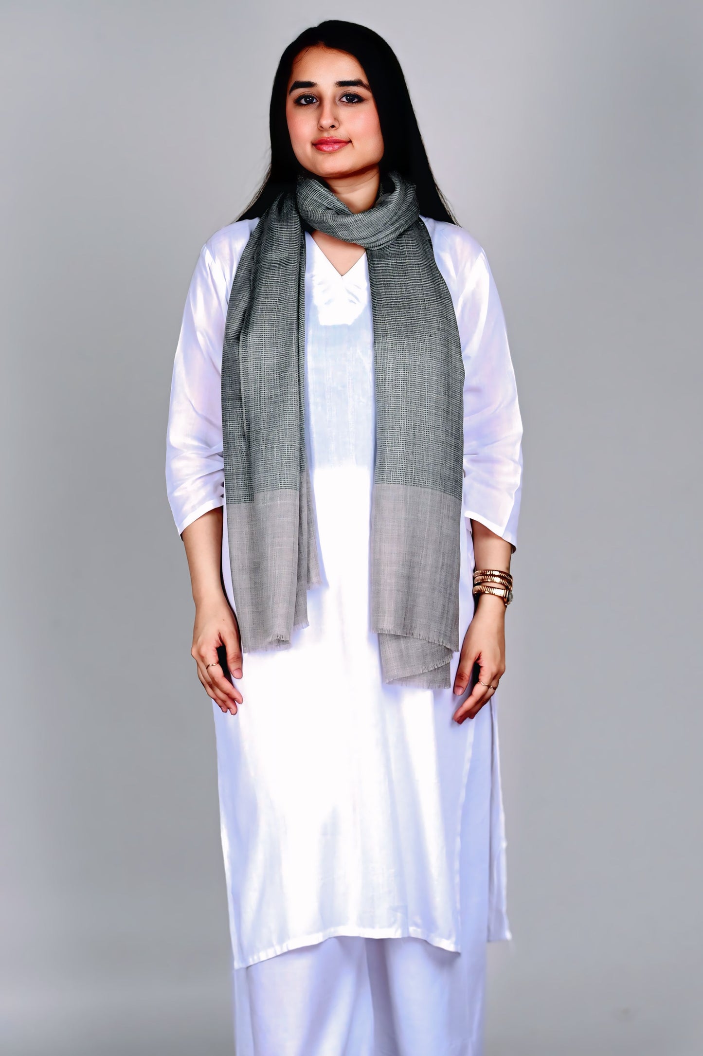 Olive Grey Fine Wool Stole with Natural Border