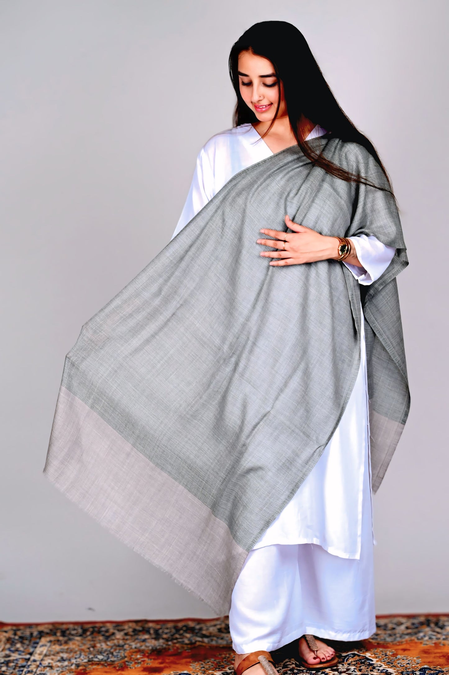 Olive Grey Fine Wool Stole with Natural Border