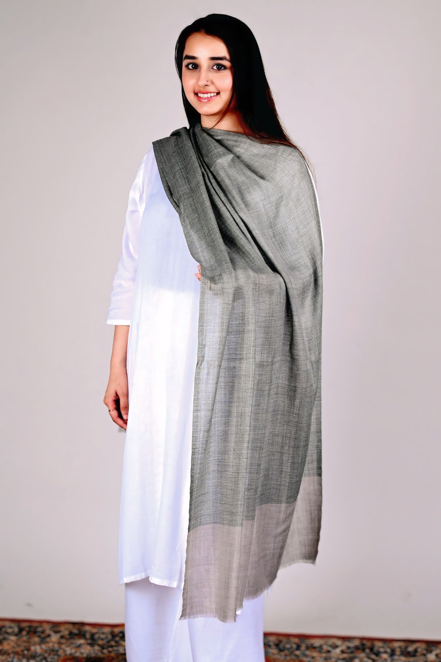 Olive Grey Fine Wool Stole with Natural Border