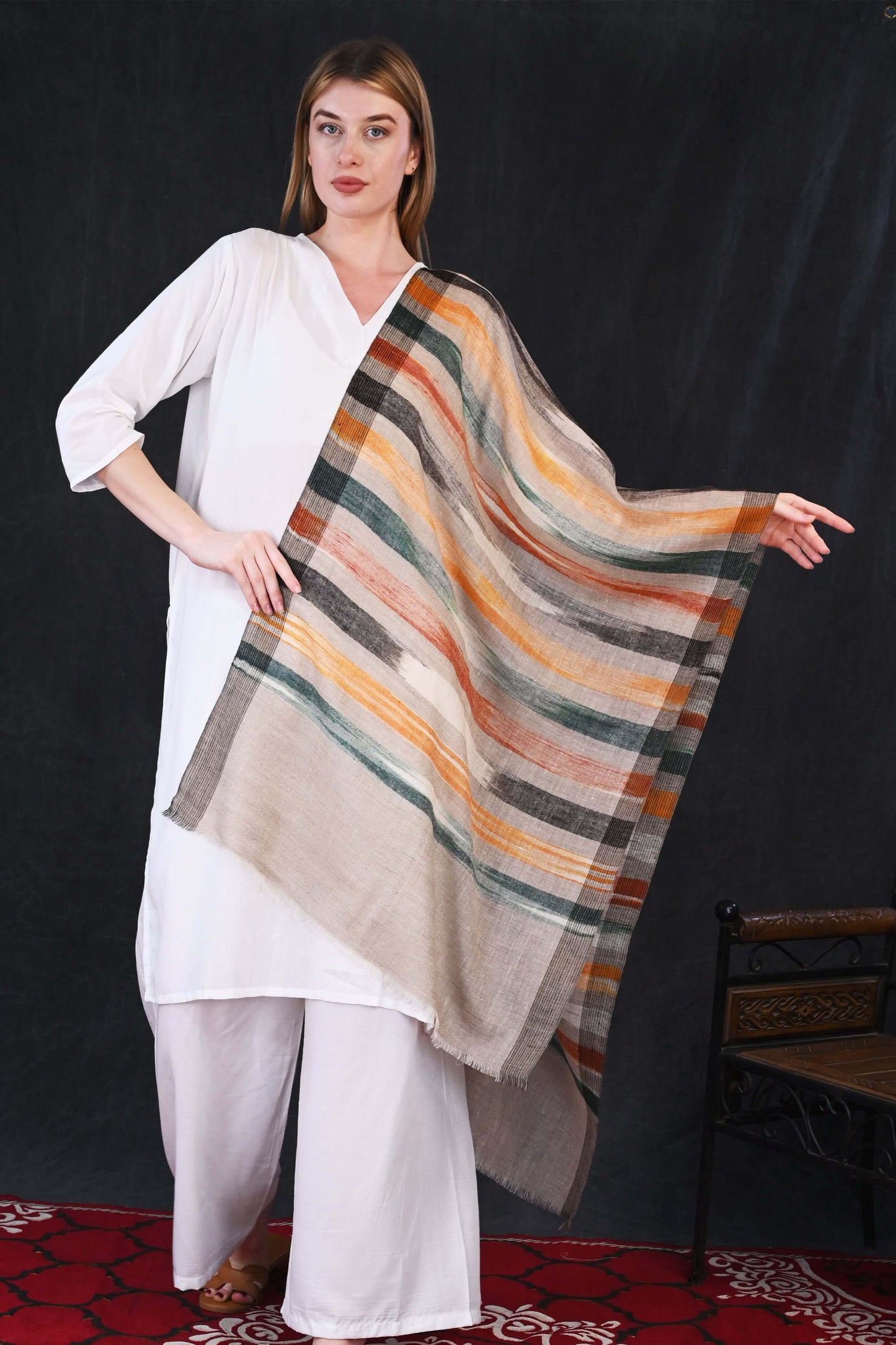 Pashmina Designer Hand-Made Stole – Earth-Tone Stripes on Natural Weave