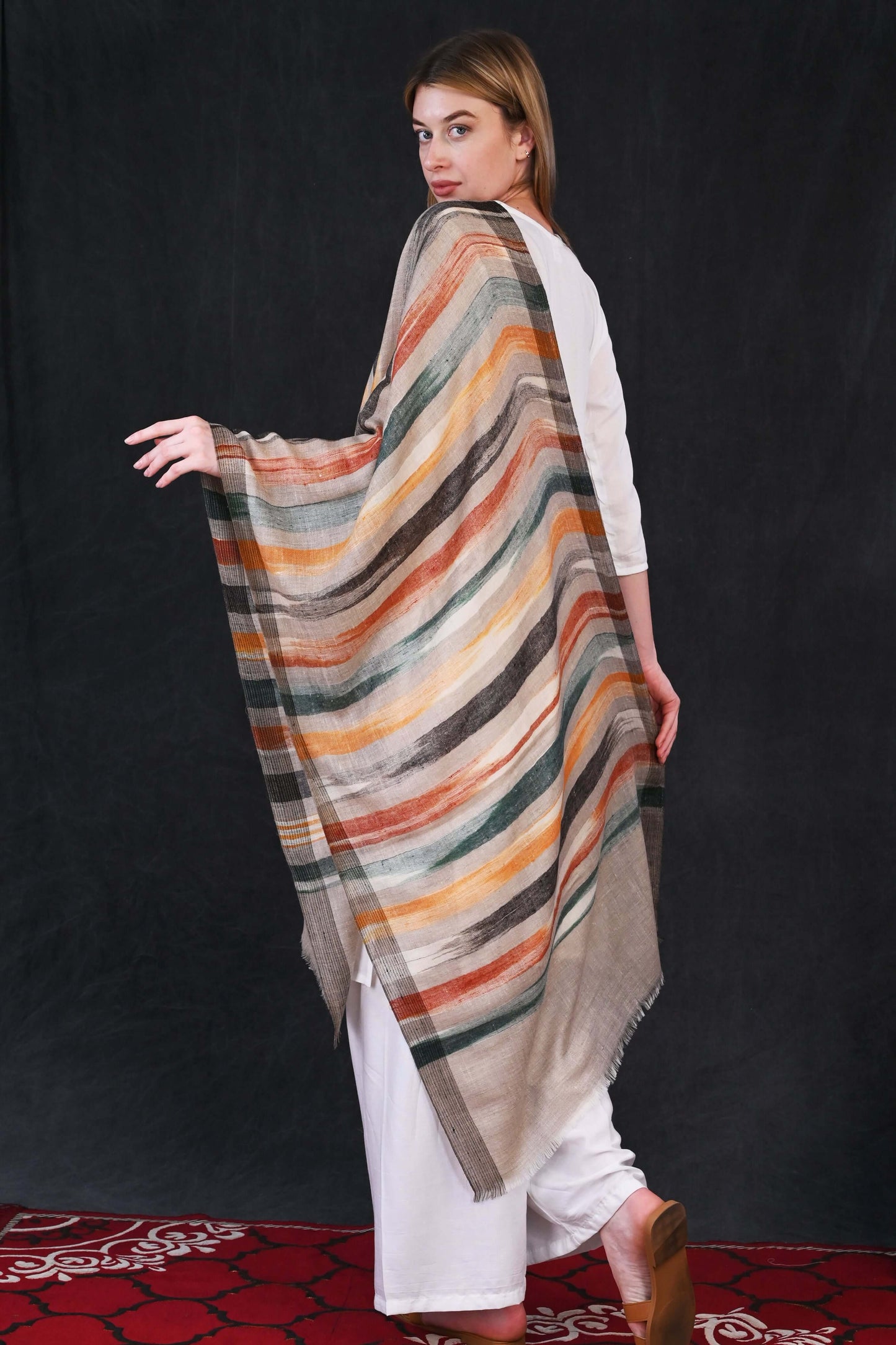 Pashmina Designer Hand-Made Stole – Earth-Tone Stripes on Natural Weave