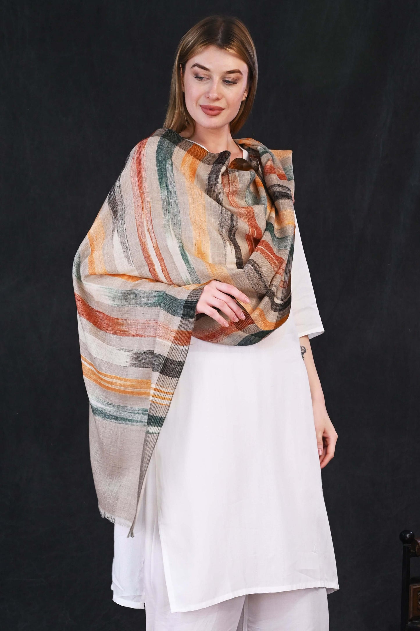 Pashmina Designer Hand-Made Stole – Earth-Tone Stripes on Natural Weave