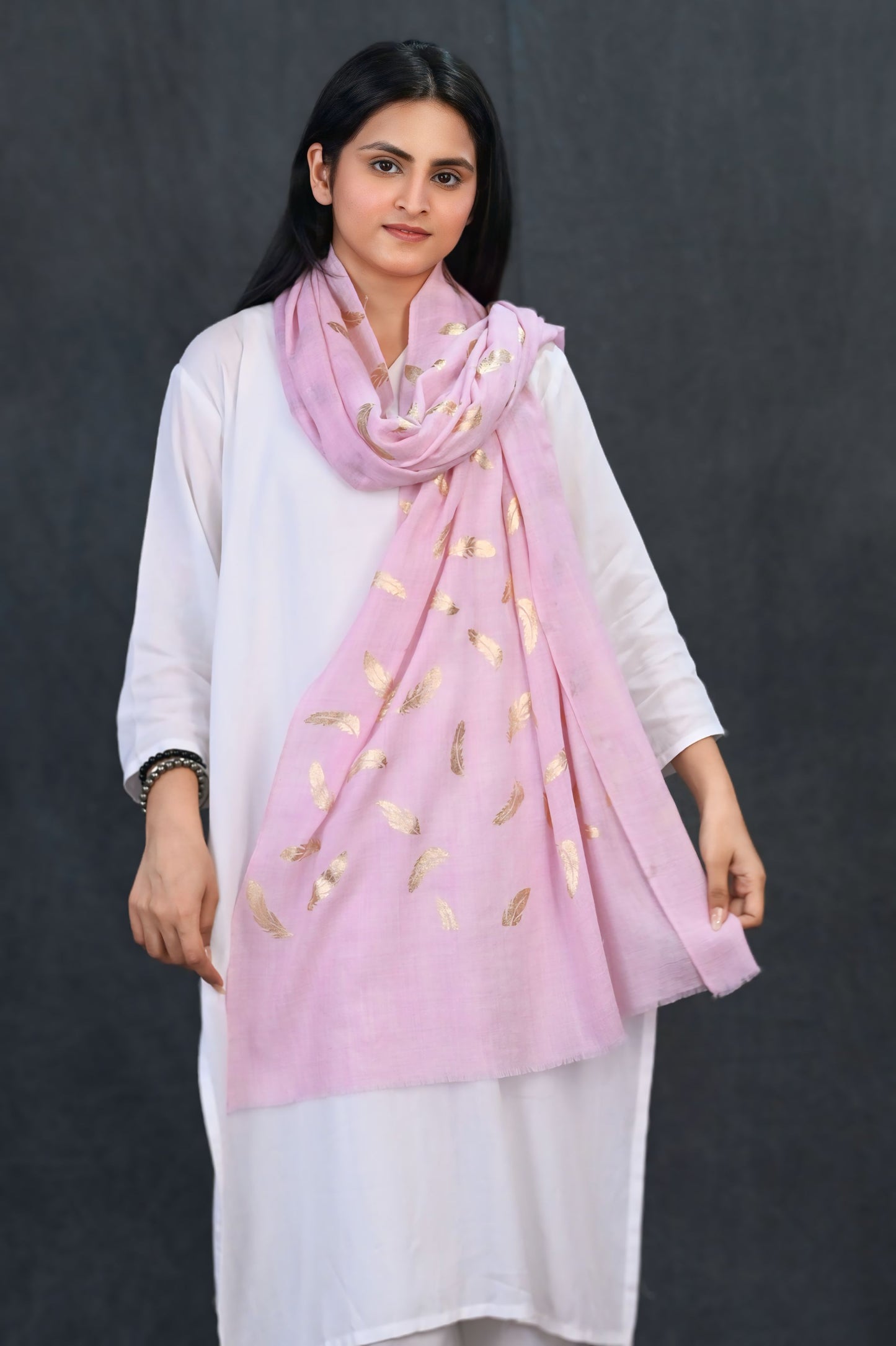 Soft Pink Fine Wool Stole with Gold Feather Foil Print