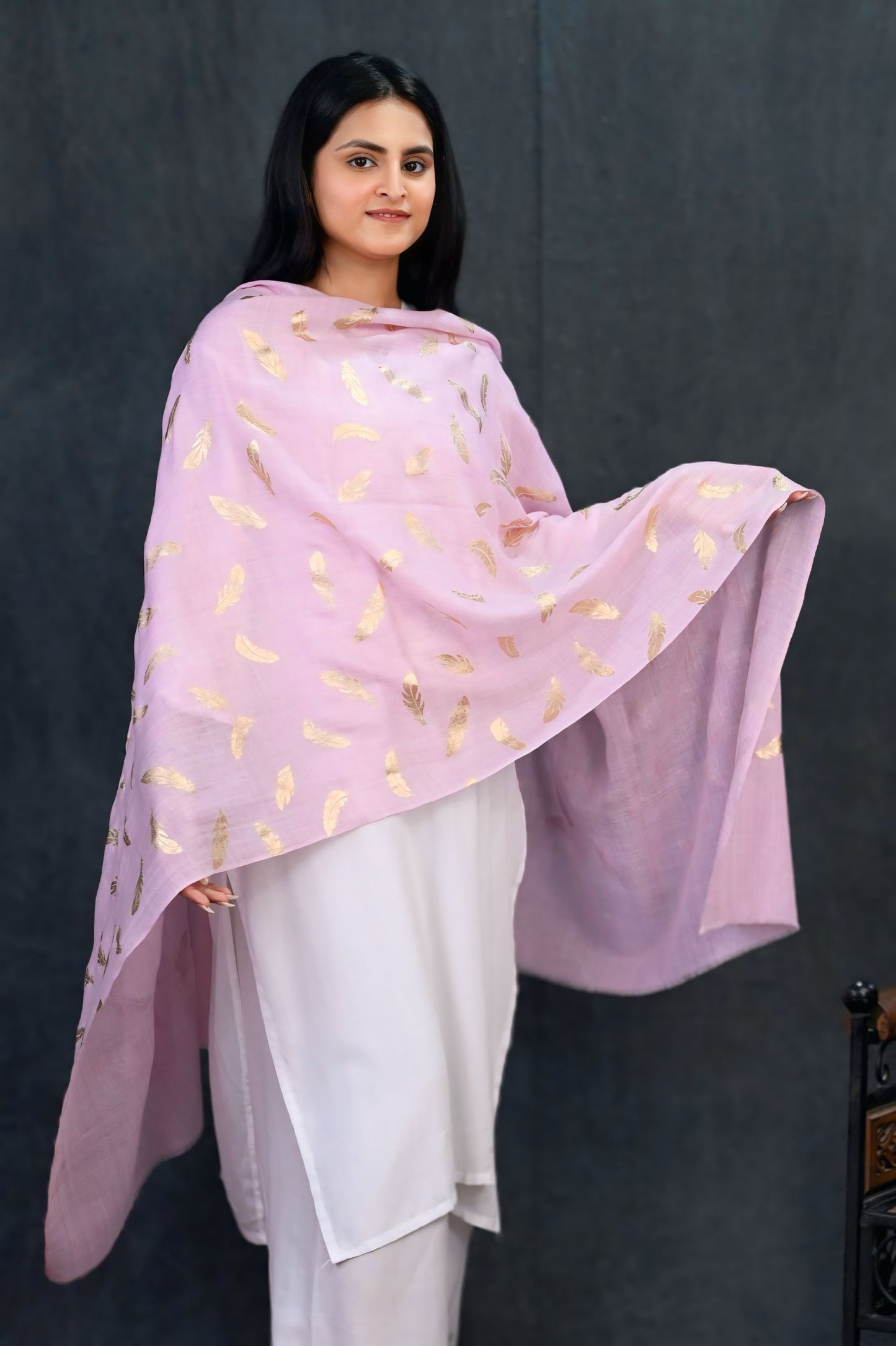 Soft Pink Fine Wool Stole with Gold Feather Foil Print