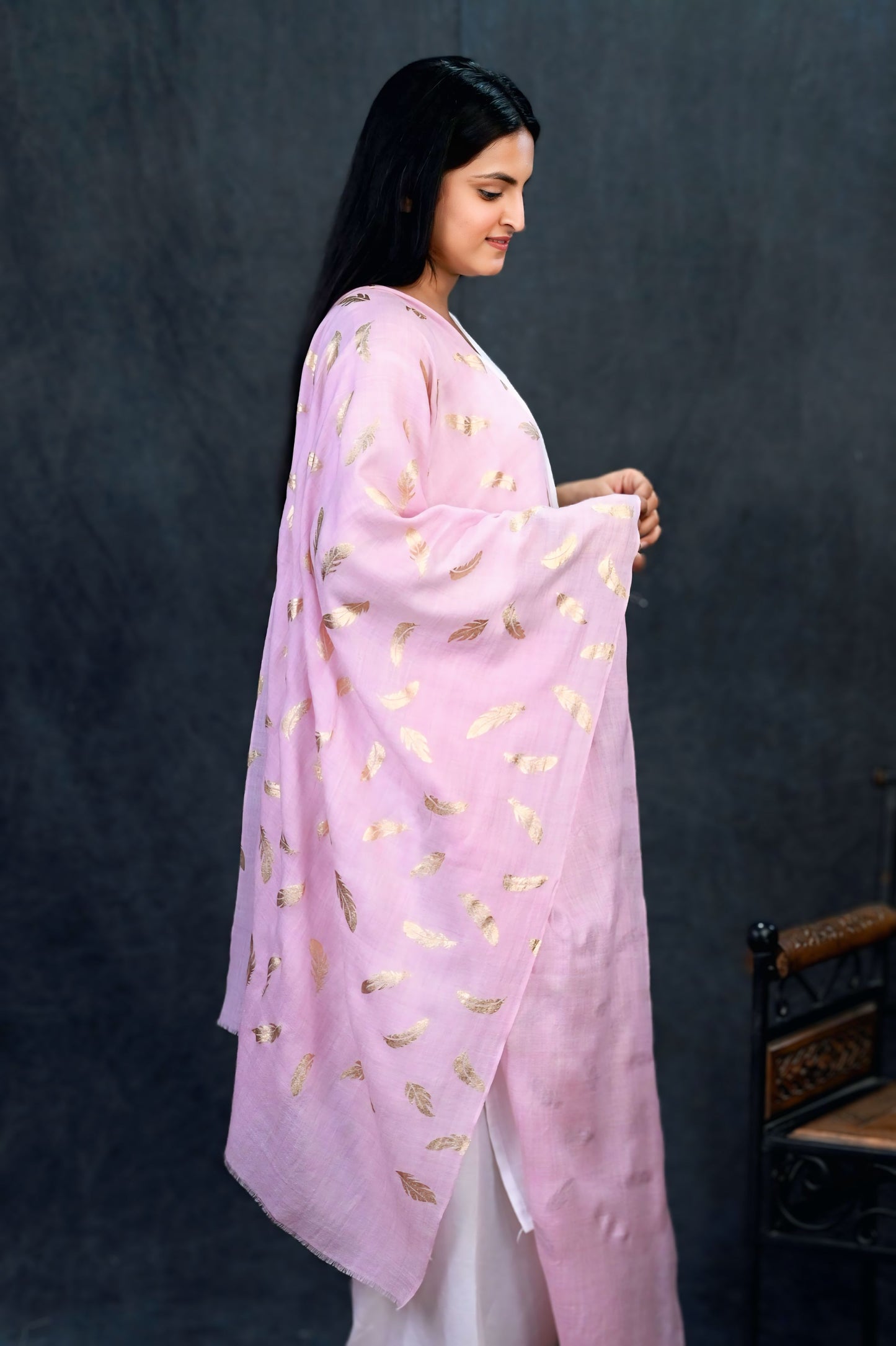 Soft Pink Fine Wool Stole with Gold Feather Foil Print