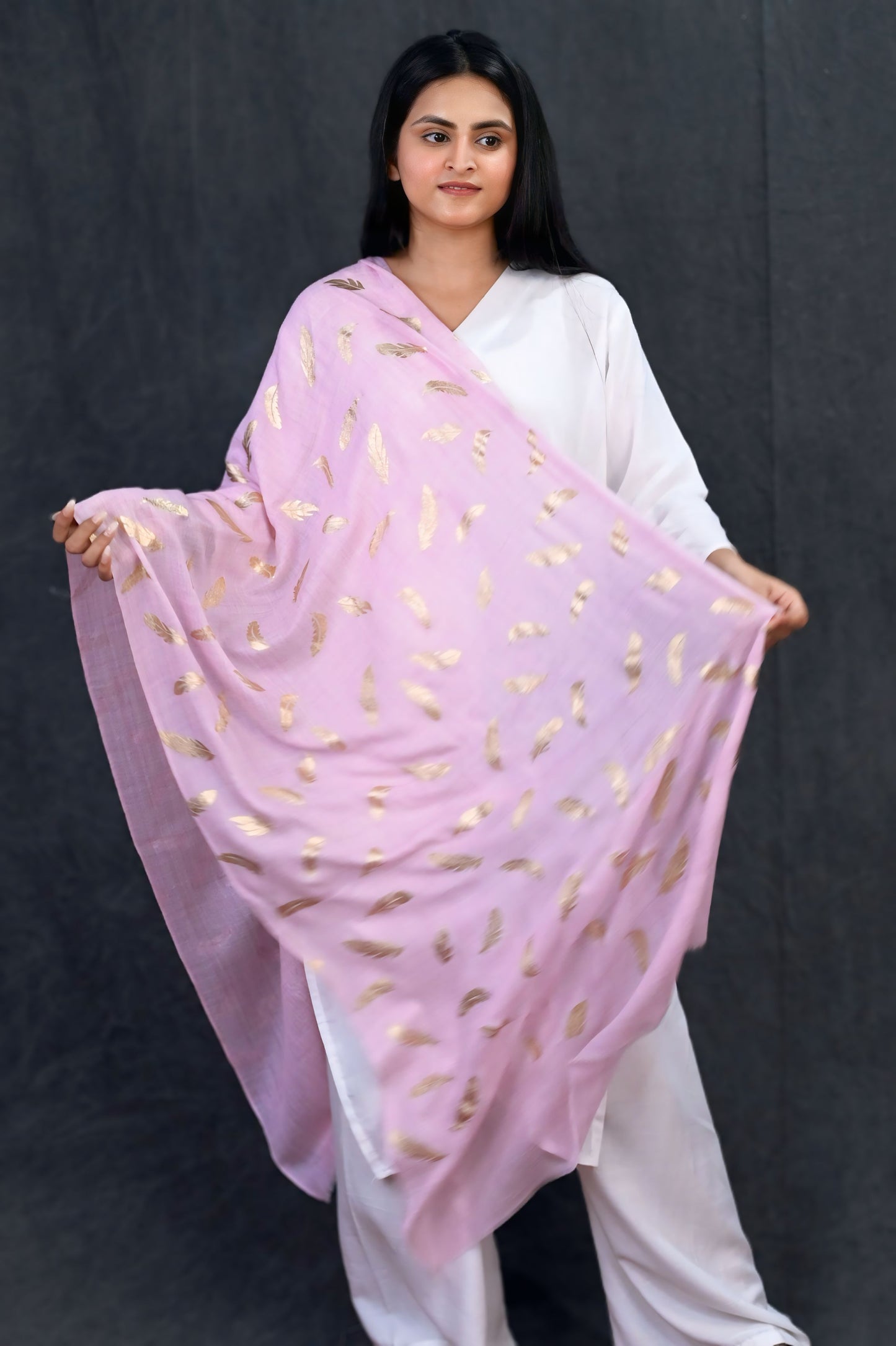 Soft Pink Fine Wool Stole with Gold Feather Foil Print
