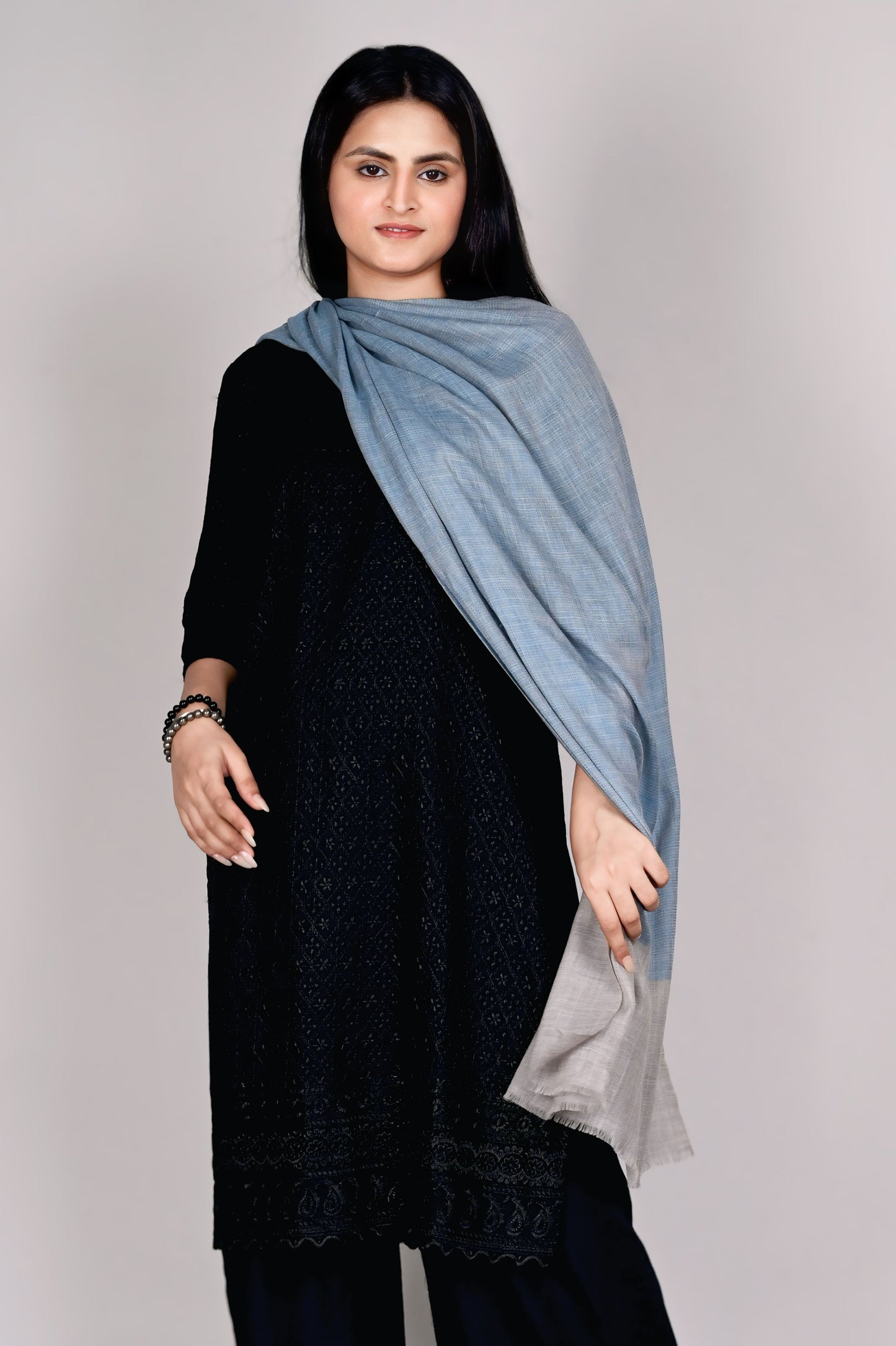 Teal and Natural Grey Fine Wool Stole with Subtle Woven Texture