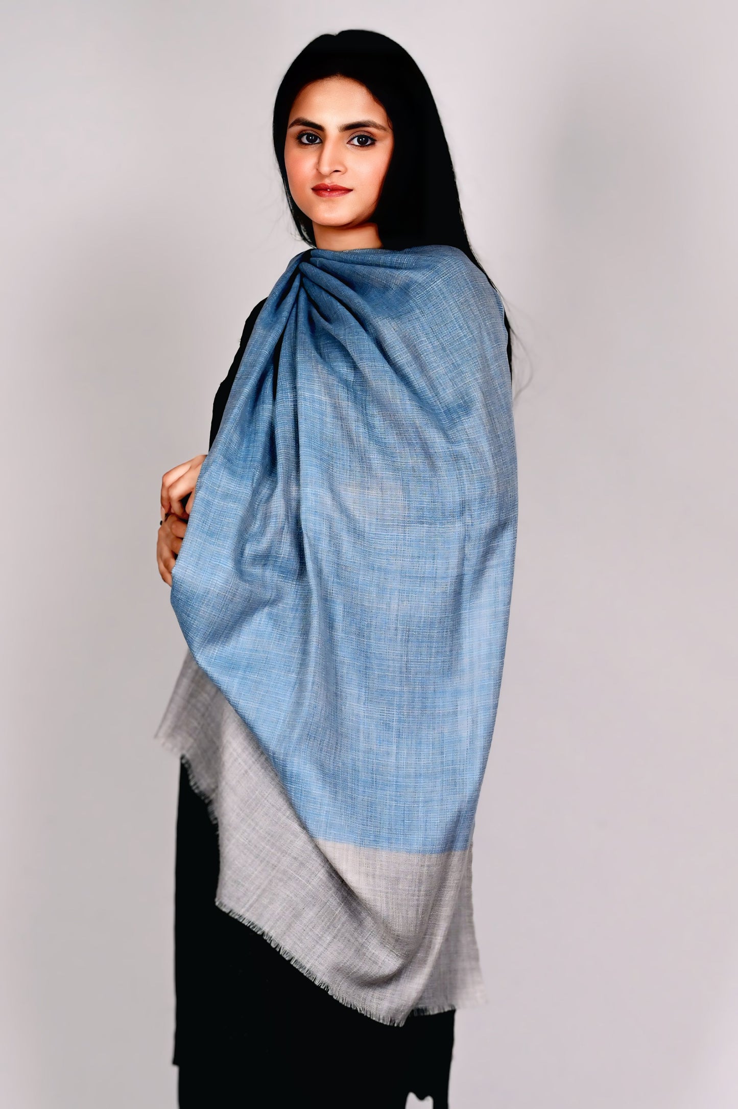 Teal and Natural Grey Fine Wool Stole with Subtle Woven Texture