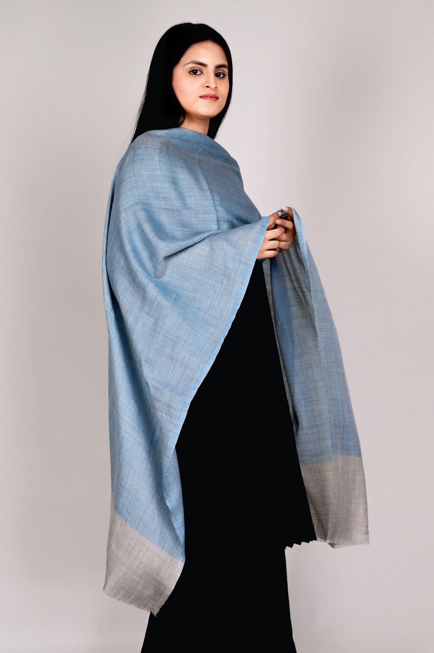 Teal and Natural Grey Fine Wool Stole with Subtle Woven Texture