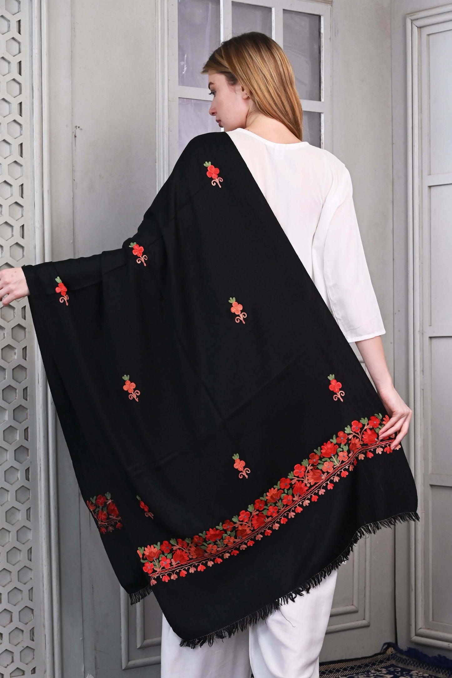 Woolen Aari Pala Stole – Black with Multicolor Floral Embroidery