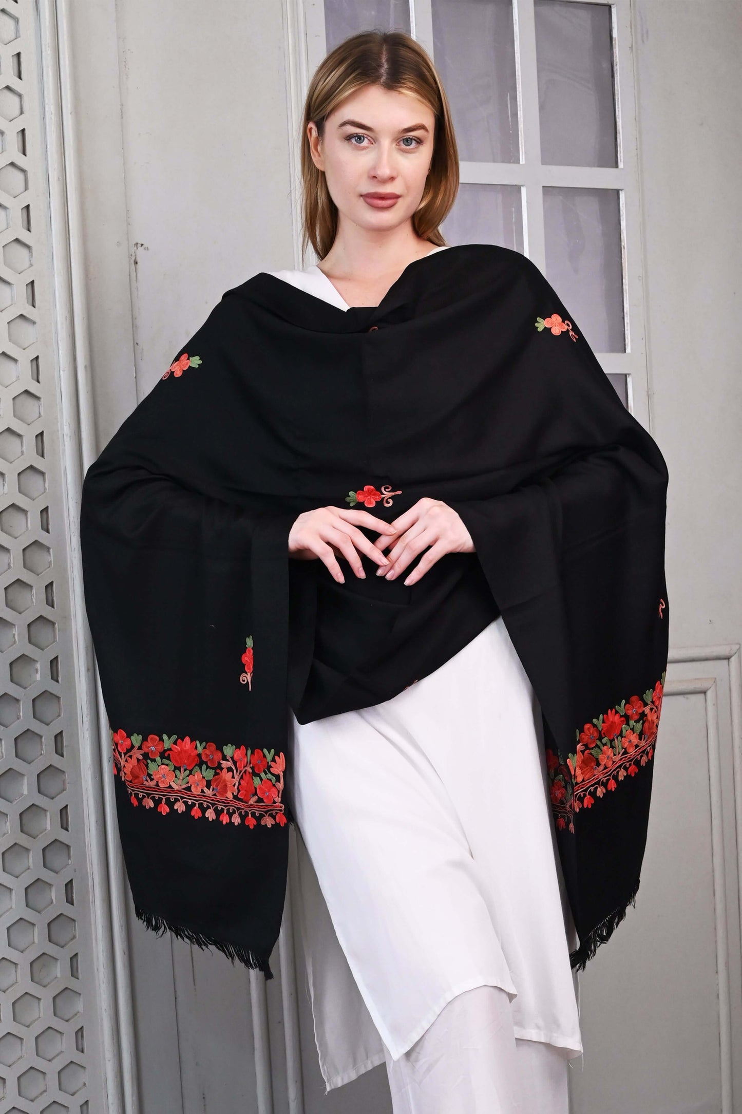 Woolen Aari Pala Stole – Black with Multicolor Floral Embroidery