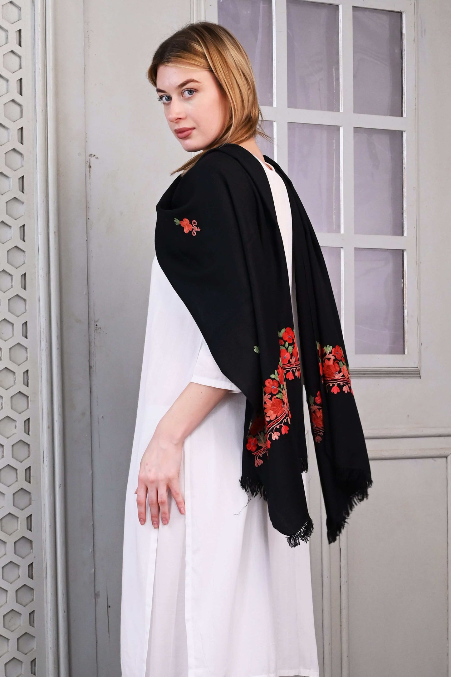 Woolen Aari Pala Stole – Black with Multicolor Floral Embroidery